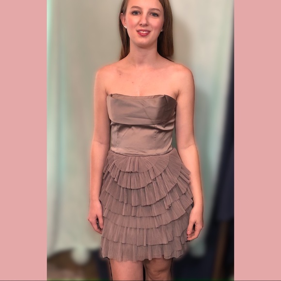 BCBGMaxAzria Satin Scalloped Strapless Mini Dress - Picture 3 of 8